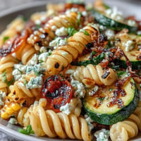 A colorful pasta salad with grilled zucchini, sweet corn, and crumbled Cotija cheese in a zesty lime dressing.