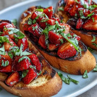 Vibrant Strawberry Balsamic Bruschetta on perfectly grilled sourdough slices.