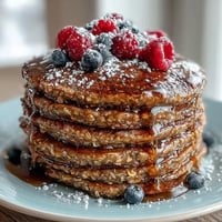 Golden High Fiber Protein Pancakes stacked high, drizzled with syrup.