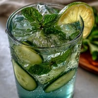 Sparkling Cucumber Mint Lemonade Mocktail: refreshing drink with lemon, mint, and ice cubes.