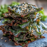 Crispy seaweed snack chips with sesame seeds, perfectly baked for healthy snacking.